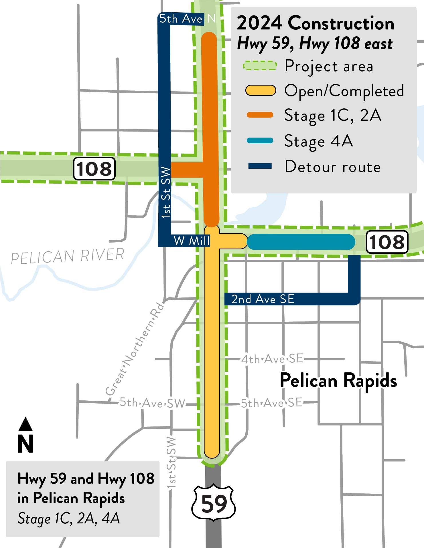 Detour map for the Stage 1C and 2A section of the Hwy 59, Hwy 108 reconstruction project in Pelican Rapids